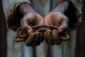 Photo two male hands holding a rusty metal chain
