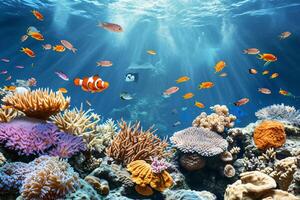 Photo coral reef with fish blue sea underwater scene