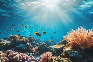 Photo coral reef with fish blue sea underwater scene