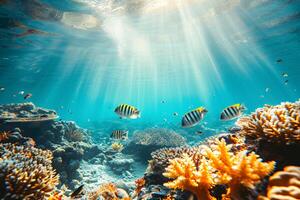 Photo coral reef with fish blue sea underwater scene