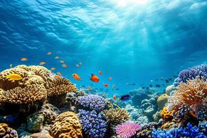 Photo coral reef with fish blue sea underwater scene