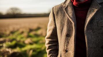 Menswear autumn winter clothing and tweed accessory collection in the English countryside, man fashion style, classic gentleman look photo