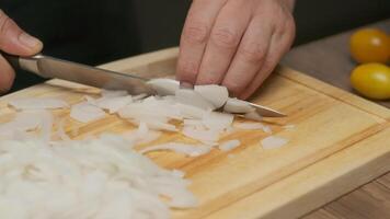 Professional chef cuts white onion. Slow motion. video