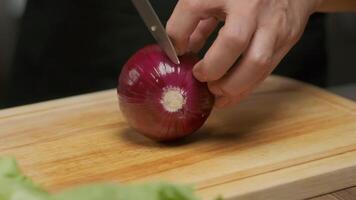 Professional chef cuts red onion. Slow motion. video