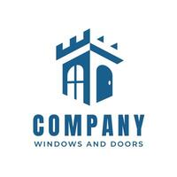 Minimal silhouette of castle fortress windows and door modern blue logo vector