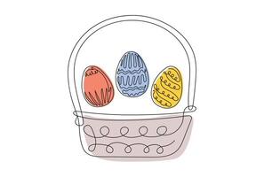 Wicker basket with colorful Easter eggs. Continuous one line drawing. isolated on white background. Festive decoration. For Easter promotions, greeting cards, holiday invitations. Art vector