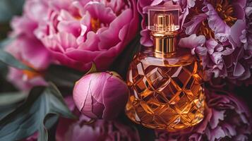 Perfume bottle in flowers, fragrance on blooming background, floral scent and cosmetic product photo