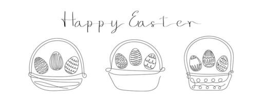 Set of Wicker baskets with Easter eggs and Happy Easter greeting. Continuous one line drawing. Black isolated on white background. For Easter promotions, greeting cards, holiday invitations. vector