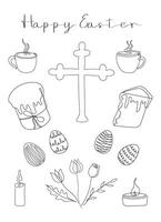 Easter card with Happy Easter greeting. Easter Set in continuous one line style with design elements like Easter cakes, eggs, cross, candles, steaming mugs, flowers, bouquet. Black and white . vector