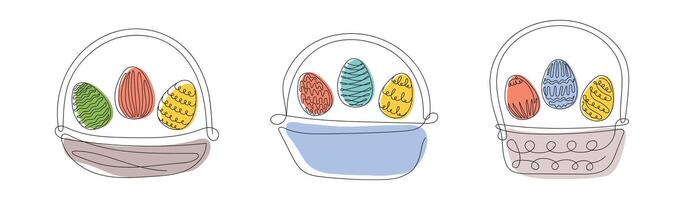 Set of Wicker baskets with colorful Easter eggs. Continuous one line drawing. illustration isolated on white. Festive decoration. For Easter promotions, greeting cards, holiday invitations. vector