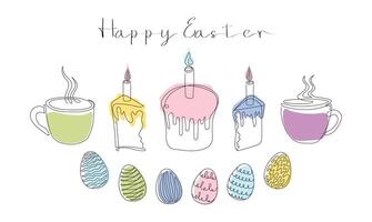 Easter Set in continuous one line style with design elements like Easter cakes with lit candles, painted eggs, steaming mugs with tea or coffee. Happy Easter greeting. Festive food. Colors vector
