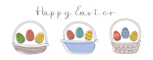 Set of Wicker baskets with Easter eggs and Happy Easter greeting. Continuous one line drawing. isolated on white background. For Easter promotions, greeting cards, holiday invitations. vector