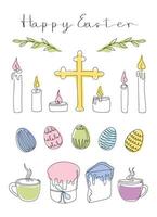 Easter card with Happy Easter greeting. Easter Set in continuous one line style with design elements like Easter cakes, eggs, cross, candles, steaming mugs, plants. art isolated on white vector