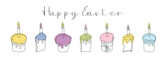 Set of Easter Kulich cakes with lit candles. Happy Easter greeting. Continuous one line drawing of cupcakes, birthday cakes. Colorful isolated on white. Design elements for print and greetings vector