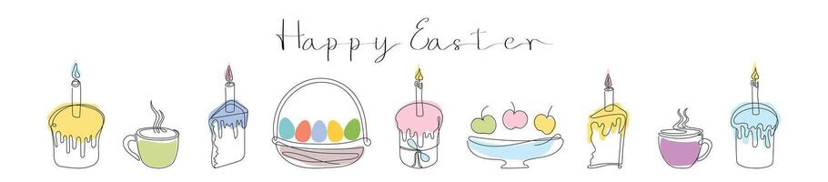 Easter Set in continuous one line style with design elements like Easter cakes with lit candles, wicker basket with painted eggs, steaming mugs. Happy Easter greeting. Festive food. Colorful vector