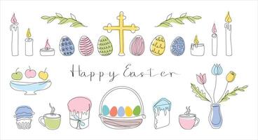 Easter Set in continuous one line style with design elements like Easter cakes, eggs, candles, cross, mugs, flowers, cupcake. Colored on white. Clipart. Easter card with Happy Easter greeting. vector