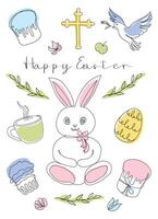 Easter Set in continuous one line style with design elements like bunny, eggs, dove, candle, cross, Easter cake, mug, flowers. Colored on white. Clipart. Easter card with Happy Easter greeting. vector