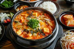 Korean dish with bibimbap noodles in a black deep plate on light background. Ingredients, meat, mushrooms, vegetables. photo