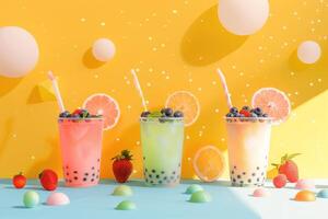 Multi-colored bubble tea on a colored background. Colored background with sunlight with ingredients. Front view photo