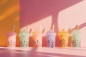 Multi-colored bubble tea on a colored background. Colored background with sunlight. Front view photo