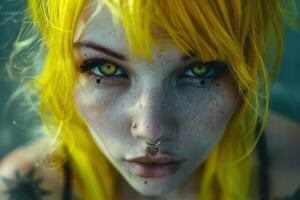 un informal niña con amarillo pelo y oscuro maquillaje mira a el cámara. parte superior ver foto