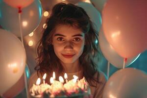 contento niña celebrando su cumpleaños. pastel con velas, calma atmósfera con globos foto