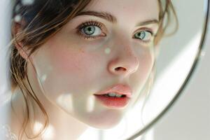 Portrait of a young woman looking at the camera through a mirror. Macro shot of facial care photo