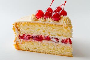 Piece of sponge cake with berries and cream inside on a white background photo