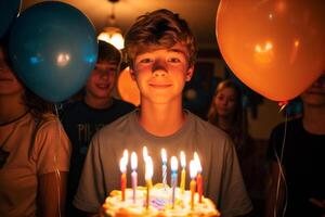 contento chico celebrando su cumpleaños con amigos. fiesta atmósfera con globos foto