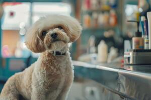 A Maltipoo dog getting a haircut from a groomer in a salon. Only dog on grooming photo