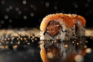 Japanese food. Three pieces of Philadelphia roll with sesame, avocado, trout. Black background, mirror reflection from below. A lot of sesame seeds on a blurred background. photo