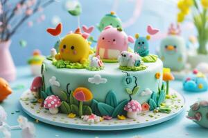 Children's cake with colorful fondant with characters. Beautiful baked goods for a child's birthday photo