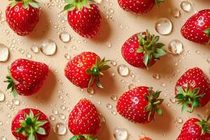 fotografía. modelo de fresas en un melocotón antecedentes. Fresco frutas en un antecedentes con agua gotas foto