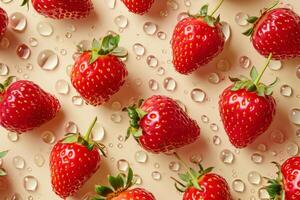 fotografía. modelo de fresas en un melocotón antecedentes. Fresco frutas en un antecedentes con agua gotas foto