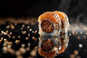 Japanese food. Two pieces of Philadelphia roll with sesame, avocado, trout. Black background, mirror reflection from below. A lot of sesame seeds on a blurred background. Premium quality photo