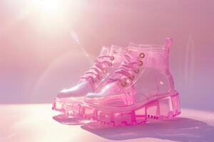 Pink transparent shoes with laces on a pink background, sunlight. Fashionable shoes, glamorous chic photo