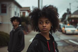 Cinematic shot, black woman in the foreground, black man in the background wearing street fashion clothing. Car and streets on a blurred background photo