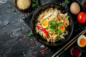 Stir fry noodles with vegetables, eggs, pepper in black bowl. Slate background. Top view and with copy space photo