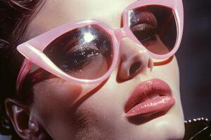 retrato de un mujer cara para un Moda revista. un niña en Gafas de sol con rosado marcos y desnudo constituir. luz de sol foto