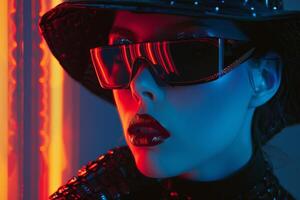 Portrait of a woman wearing black glasses, with contrasting neon lighting in red and blue. Fashion industry photo