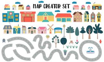 Flat style map creator set for kids design. Cute map creator set with houses and trees. vector