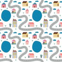 Flat road map seamless pattern with roads, houses and lakes. kids road map wallpaper. vector