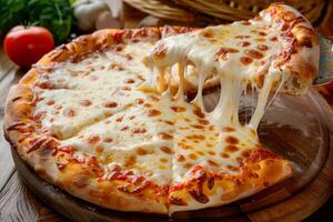 A slice of hot Italian pizza with stretching cheese. Pizza Margherita with mozzarella cheese, tomato paste on a background with ingredients photo