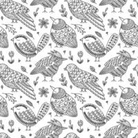 Folk art birds seamless pattern sketch style vector