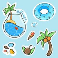 summer stickers isolated, set of summer elements in cartoon style vector