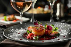 Dish of molecular cuisine. Premium restaurant. The food is beautifully presented on a gray designer plate with a glass of wine. Macro shot. photo