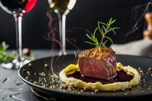 Dish of molecular cuisine. Steak medallion in lingonberry and rosemary sauce. Premium restaurant. The food is beautifully presented on a matte black designer plate with a glass of wine. photo