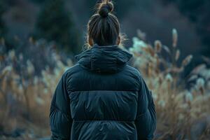 Photo of a girl in a black down winter jacket against the sky. View from the back. Wheat field background. Autumn