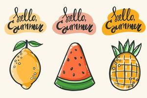 Hello summer postcard with lemon, watermelon and pineapple vector