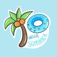 Summer sticker with palm tree and inflatable circle, seasonal lettering vector